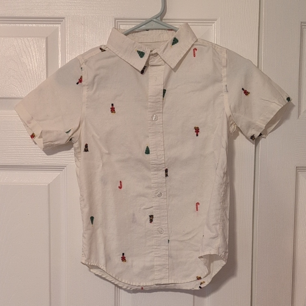 Cat & Jack Cream Embroidered Christmas Button Down Shirt Short Sleeve